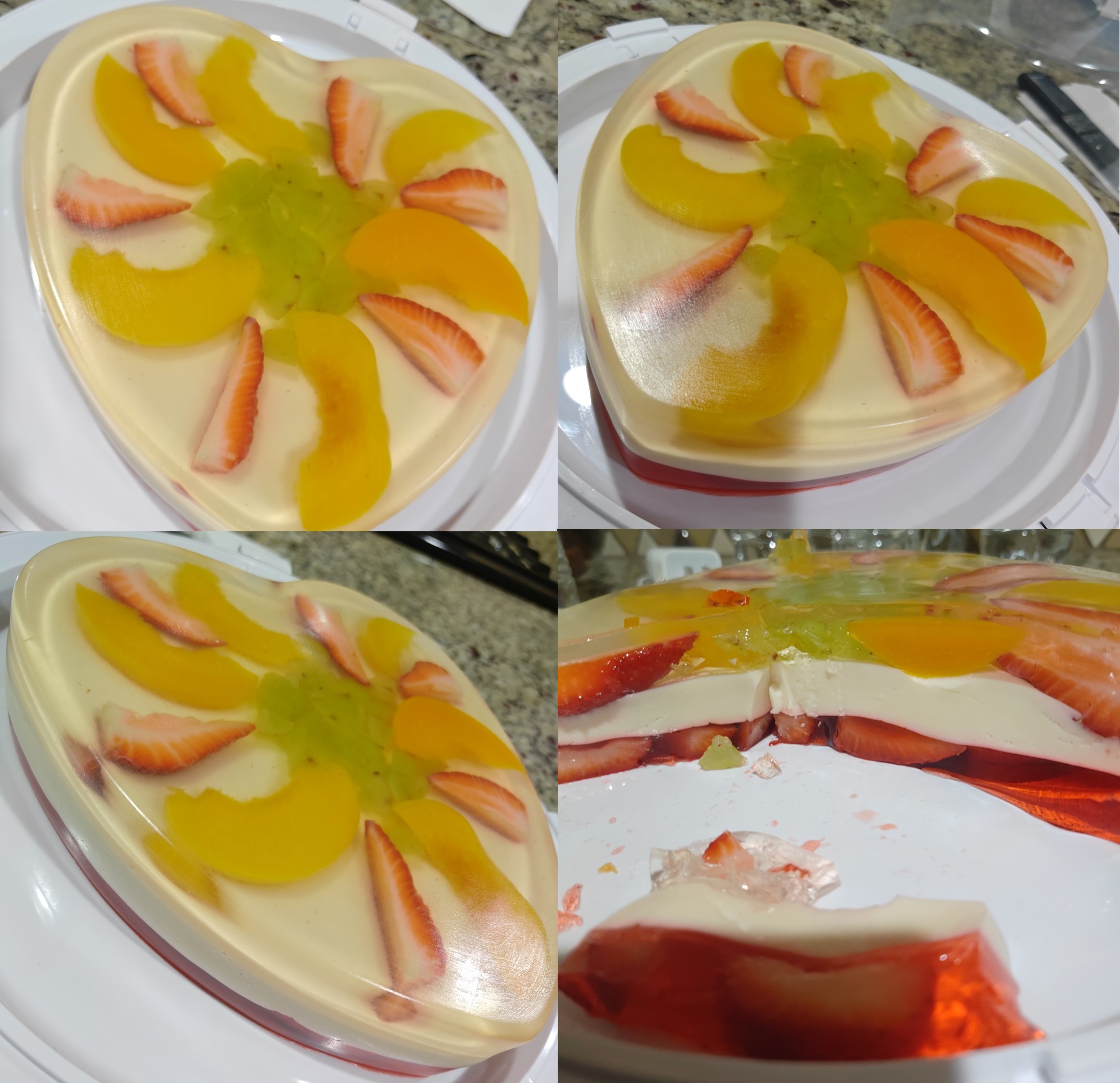Gelatina de mosaico con cubos de colores, fresa y nuez
